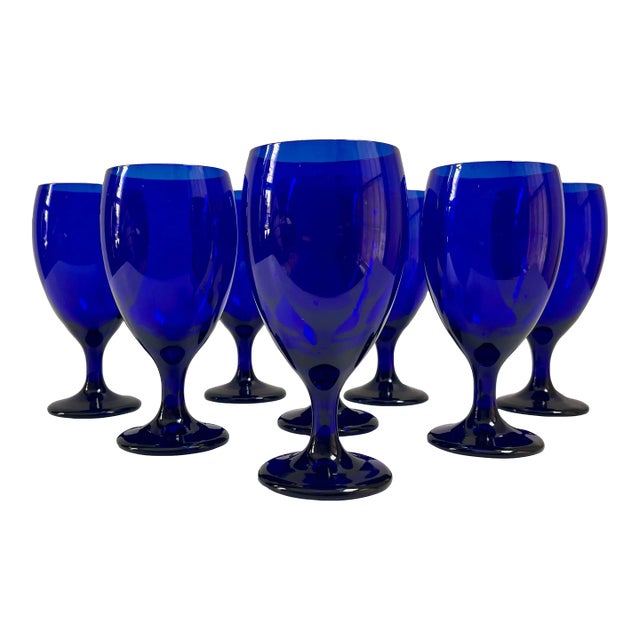 Large Vintage Cobalt Blue Goblets - Set 8 For Sale