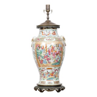 Early 19th Century Chinese Rose Medallion Canton Baluster Vase circa 1800 Mounted as a Table Lamp For Sale