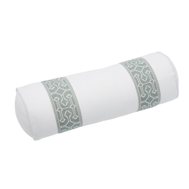 Contemporary Schumacher Filbert Tape + Piet Performance Linen Bolster Pillow For Sale