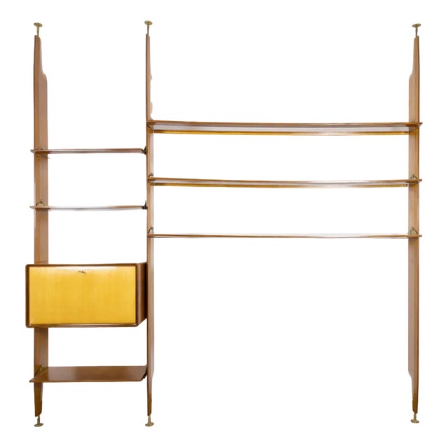 Mid-Century Brass and Oak Bookcase For Sale
