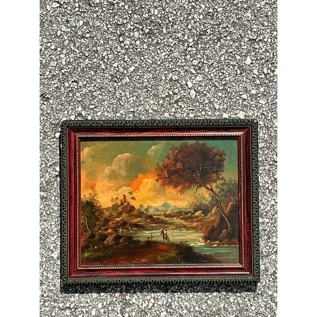 This evocative original oil painting on board, signed by the artist Sayona, captures a dramatic river landscape bathed in...