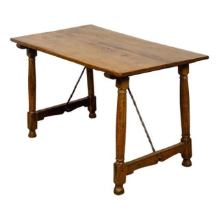 Italian 19th Century Walnut Console Table with Column Legs and Iron Stretchers For Sale