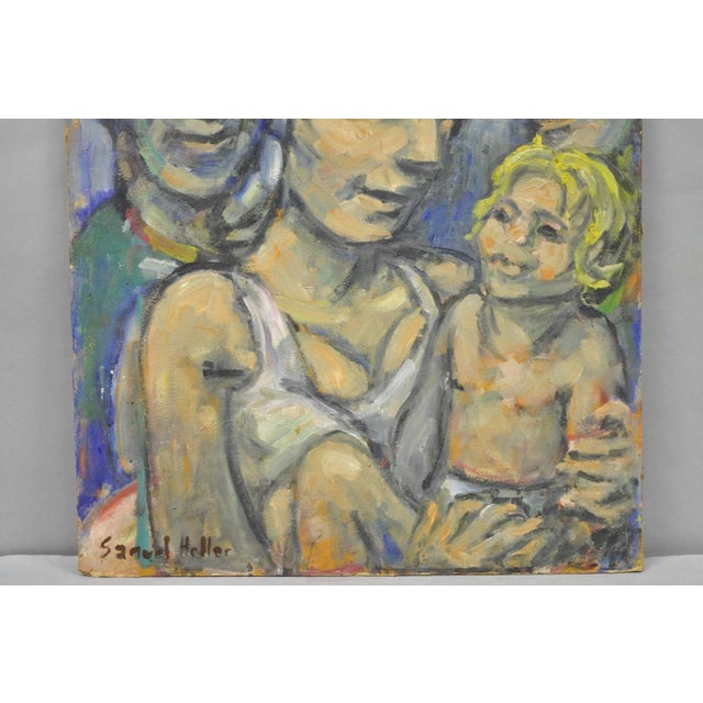 Vintage Samuel Heller "Family Portrait With Child" Oil on Board Painting, Signed For Sale - Image 4 of 10