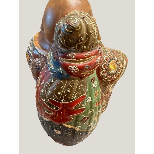 Metal Vintage Japanese Kutani Moriage Hotei Laughing Buddha Statue 10.5" Hand Painted For Sale - Image 7 of 12
