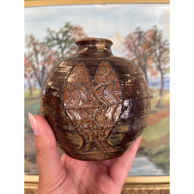 Rustic Studio Pottery Vase by Nelson With Incised Geometric Motifs and Earthy Glaze. For Sale - Image 3 of 9