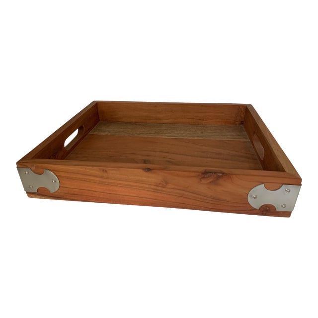 Early 21st Century Wood Tray With Metal Bracket Accents For Sale