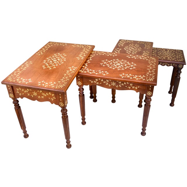 Wood Mid 20th Century Hand-Carved Floral-Patterned & Inlaid Nesting Tables- Set of 4 For Sale - Image 7 of 10