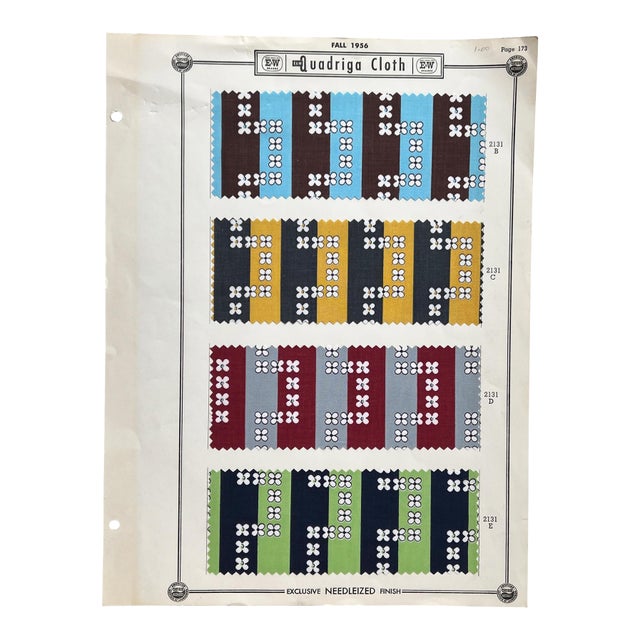 1956 Quadriga Cloth E&w Brands Textile Sample Sheet, Mid-Century Archive For Sale