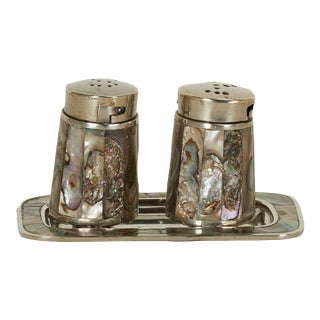 Mid Century Silver Plate and Mother of Pearl Salt and Pepper Shaker With Tray For Sale