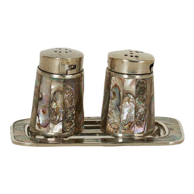 Mid Century Silver Plate and Mother of Pearl Salt and Pepper Shaker With Tray For Sale