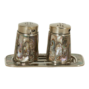 Mid Century Silver Plate and Mother of Pearl Salt and Pepper Shaker With Tray