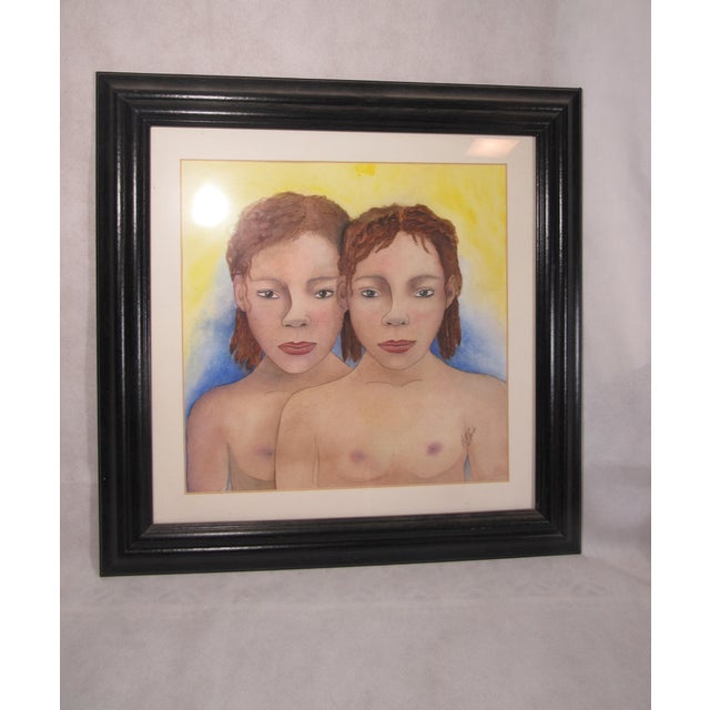 Paint Vintage Original Painting Watercolor + Pen Twin Girls For Sale - Image 7 of 7