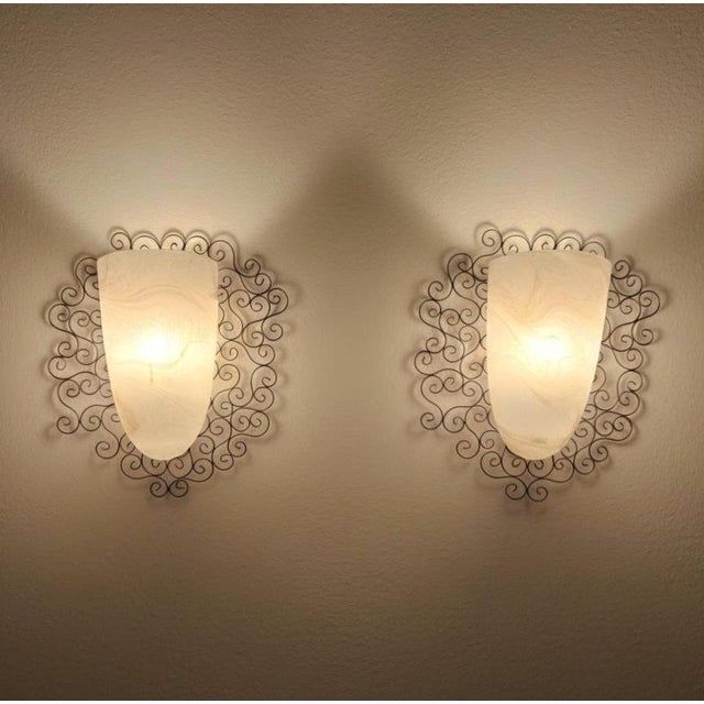 Frosted Amber Glass and Wrought Iron Wall Sconces with Metal Frames, Set of 2 For Sale - Image 17 of 18