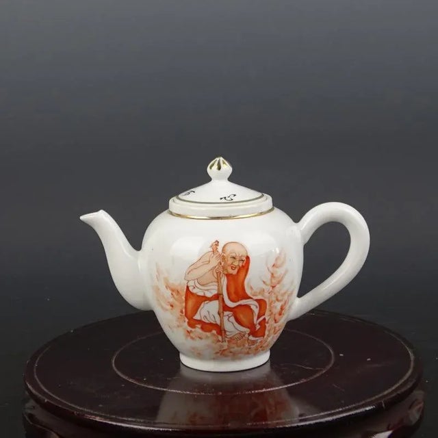 Art Deco Chinese Vintage Porcelain Tea Pot China Famille Rose Porcelain Tea Pot Hand Painted Ink Color With Gold Tracery Luohan Pattern For Sale - Image 3 of 8
