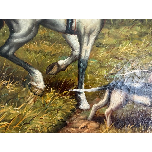 English Large Vintage Oil Painting English Fox Hunt Horses Hounds Hunting Scene Art For Sale - Image 3 of 15