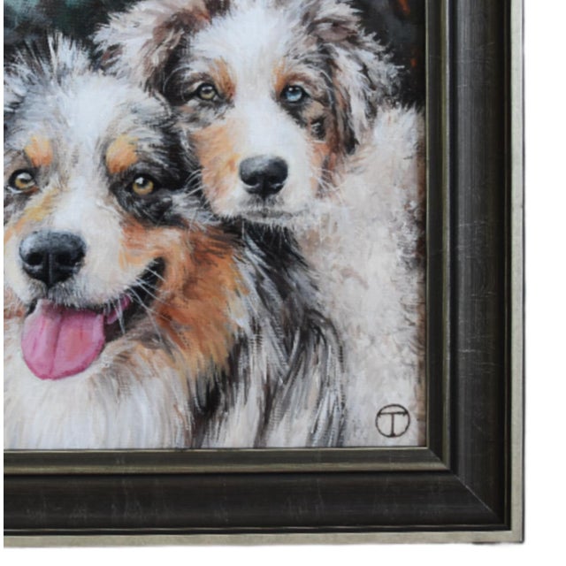 Two Australian Shepherd dogs hugging portrait study, acrylic painting on artist canvas panel. Included are the antiqued...