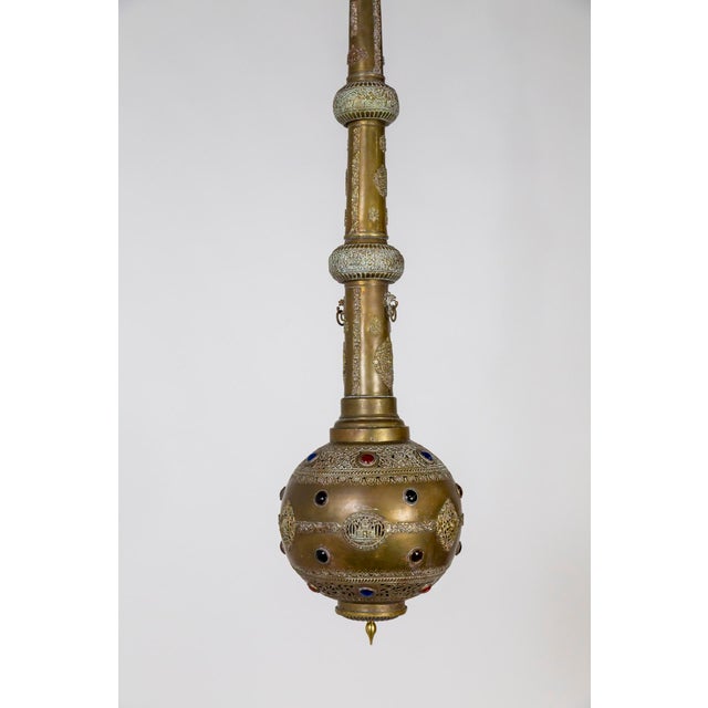 Metal Elongated Indian Gulab Pash Form Bejeweled & Pierced Brass Pendant Light For Sale - Image 7 of 11