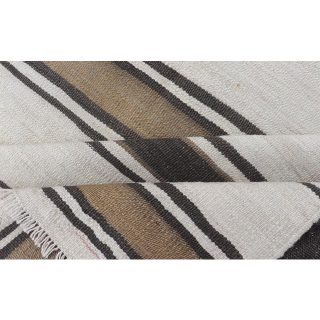 Vintage Turkish Kilim Rug With Ivory, Brown and Dark Stripe Bands For Sale - Image 10 of 11