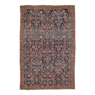 Antique Persian Floral Geometric Rug With Deep Navy Field - Rug & Kilim For Sale