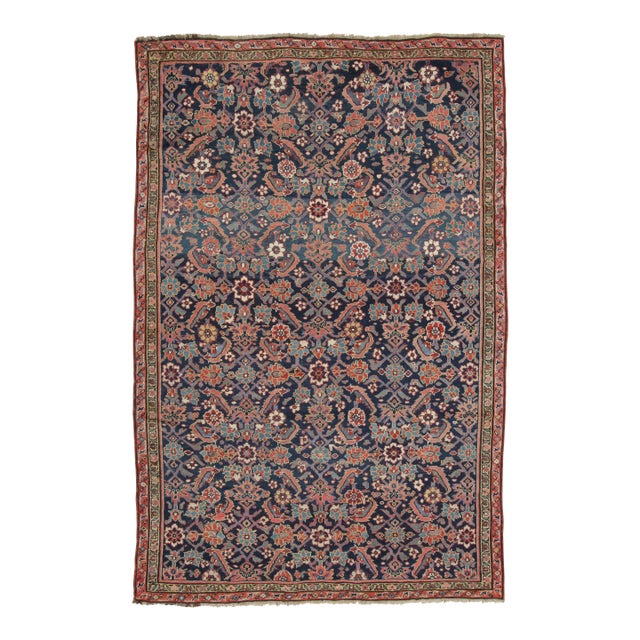 Antique Persian Floral Geometric Rug With Deep Navy Field - Rug & Kilim For Sale