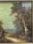 A signed vintage oil on canvas landscape painting featuring a quiet cottage scene with a winding path, mature trees, and...