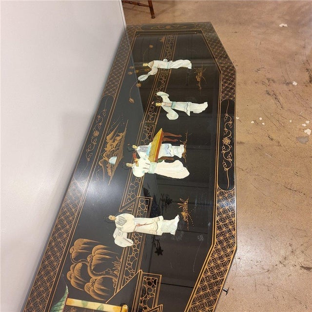 Vintage Chinoiserie Black Lacquer Mother-of-Pearl Four-Door Sideboard For Sale - Image 10 of 12