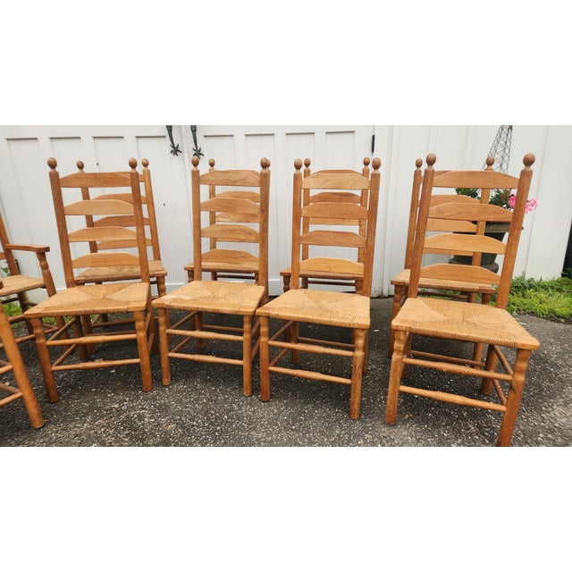 Shabby Chic Vintage Set of 10 Light Oak Ladder-Back Rush Seat Dining Chairs For Sale - Image 3 of 18