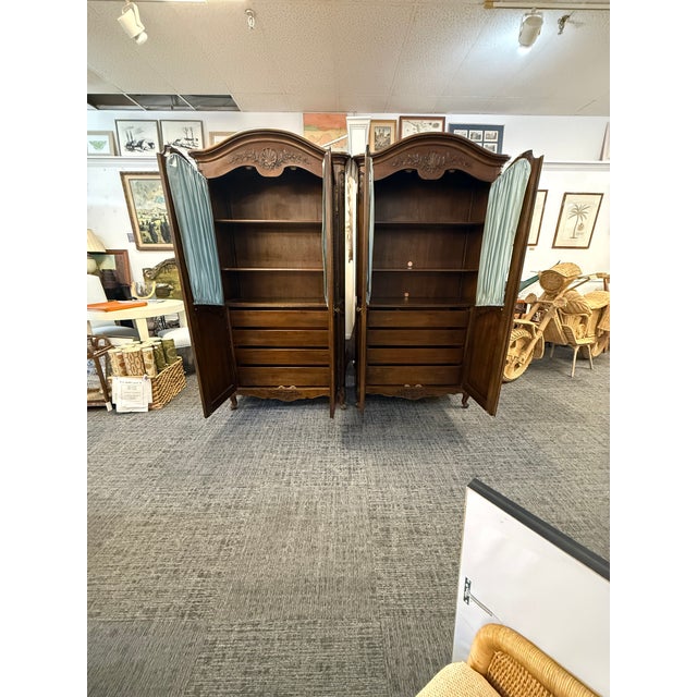 1950s Pair of Kindel "Beauclair" French Louis XV Style Walnut Chifferobes With Silk Panels For Sale - Image 15 of 18