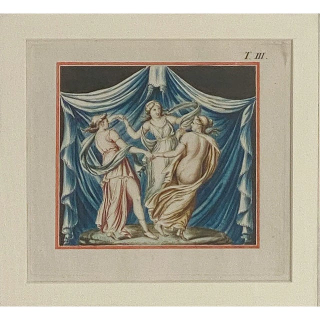A hand-colored engraving of 3 beauties dancing in ancient Roman clothing, France, 19th century.