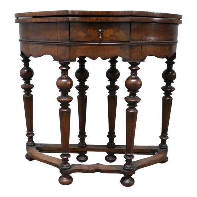 English Jacobean Walnut & Burl Petit Point Top Game Table With Tapestry C1810 For Sale - Image 15 of 16