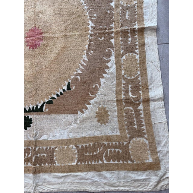 Mid-Century Modern Suzani Wall Decor - Neutral Tan Uzbek Tablecloth 4'6'' X 5'1'' For Sale - Image 3 of 18
