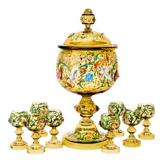 Antique Ten-Piece Moser Enameled Glass Punch Bowl Service, Circa 1880–1890 For Sale