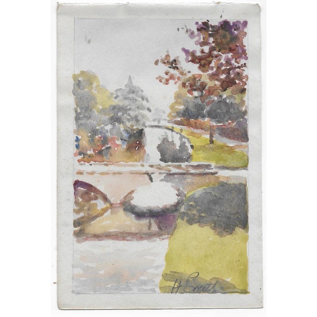 1945 Helen Smith watercolor of the English village Bourton-on-the-Water in which she lived. Signed lower right.