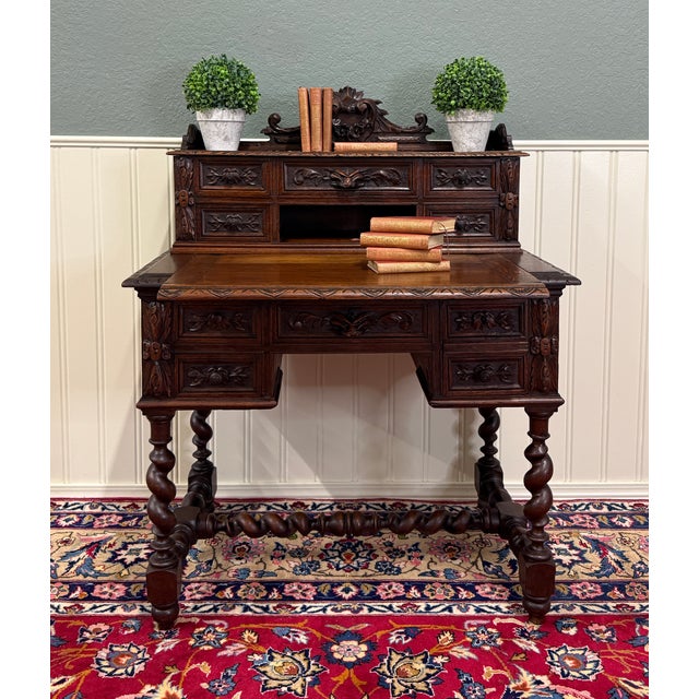 Antique French Petite Barley Twist Desk Carved Oak Renaissance Revival c.1890 For Sale - Image 14 of 18