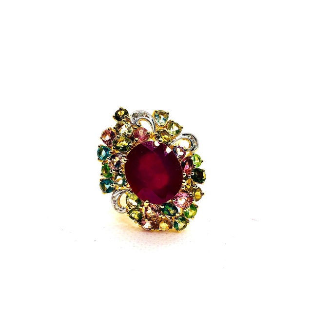 Bochic “Capri” Vintage Ruby, Multi Sapphire & Diamond Ring Set In 18K Gold & Silver For Sale - Image 9 of 11