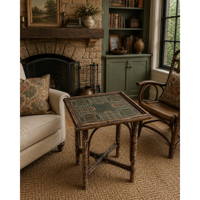 American Vintage Adirondack Willow Twig Parcheesi Game Table With Painted Board For Sale - Image 3 of 7
