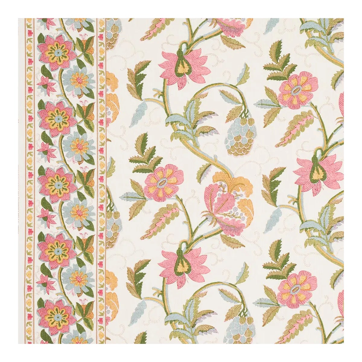 Schumacher Indali Bordered Linen Fabric in Pink & Leaf | Chairish