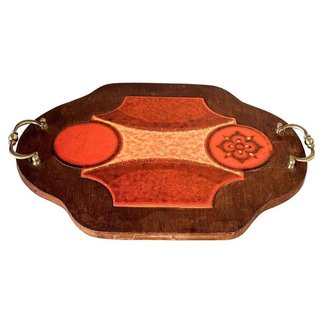 Gold Rustic Wooden Serving Tray with Ceramic Tiles and Metal Handles, France, 1970s For Sale - Image 8 of 8