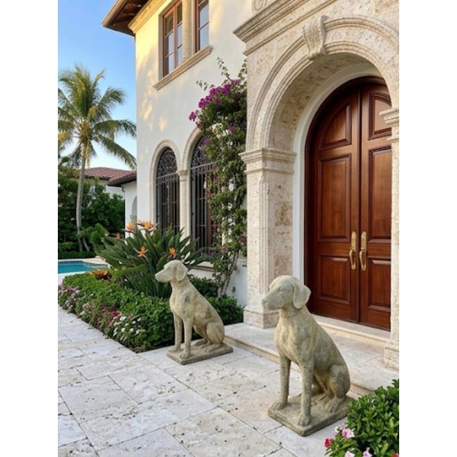 Pair of Vintage Weathered Cast Stone Seated Hound Garden Statues For Sale - Image 11 of 11