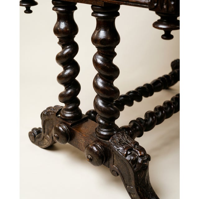 Wood Antique English Jacobean Revival Carved Oak Library Writing Table by Hobbs & Co. London For Sale - Image 7 of 12