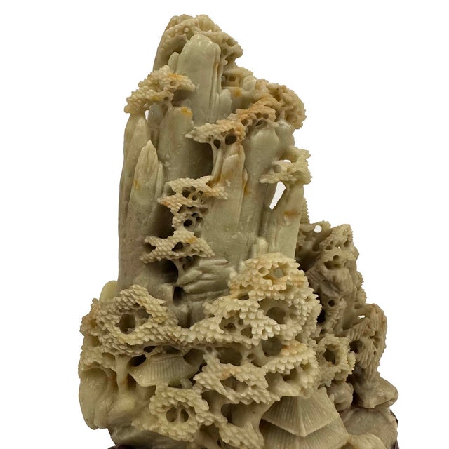 Stone Vintage Hand Carved Chinese Soapstone Mountain Village With Pagoda Landscapes For Sale - Image 7 of 12