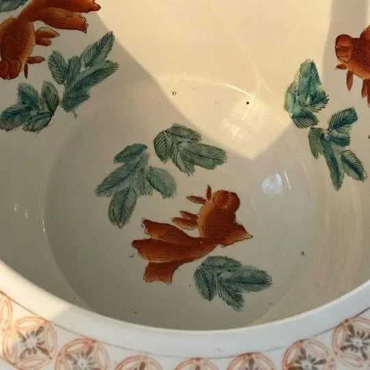 Ceramic Chinese Porcelain Fish Bowl With Wooden Stand (Large 19.5” Jardiniere/Planter/Cachepot) Opulent Flower Design For Sale - Image 7 of 18