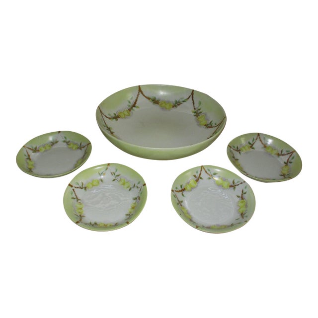 Antique Jean Pouyat France Hand Painted Yellow Roses & Gold Footed Berry Bowl Set of 5 For Sale