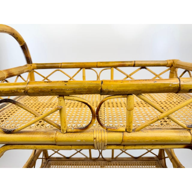 Vintage Bamboo and Cane Two-Tier Bar Cart With Brass Casters For Sale - Image 4 of 13