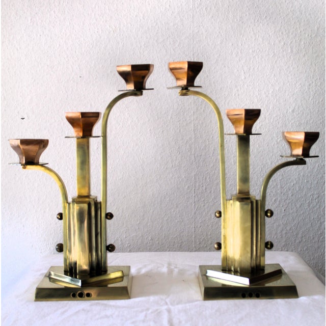 Art Deco 3-Armed Candlesticks in Brass, 1920s, Set of 2 For Sale - Image 4 of 14