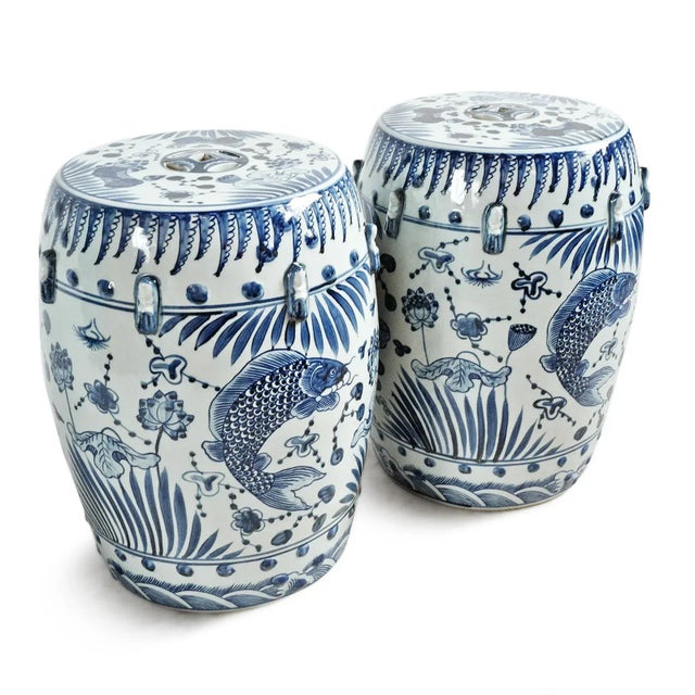 Indigo Blue Fish Floral Ceramic Stool For Sale In Los Angeles - Image 6 of 10
