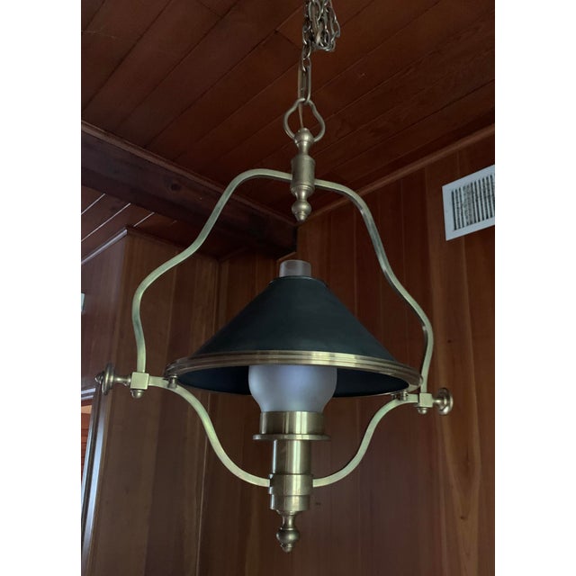 Beautiful solid brass, train station lamp with black lampshade. Perfect over a dining table, a game table or a billiard...