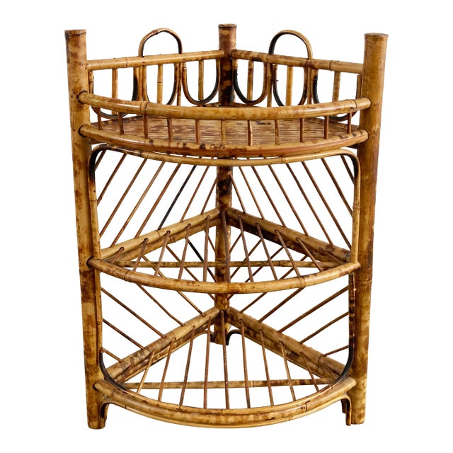 Vintage Scorched Bamboo Corner Shelf For Sale