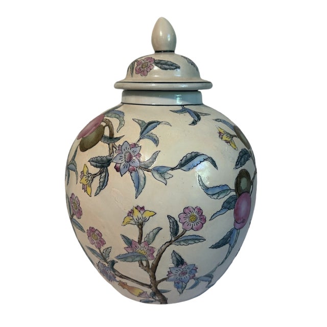 Large Vintage Chinoiserie Plum Tree Chinese Porcelain Ginger Jar Gorgeous large vintage Chinese Export ginger jar in a...