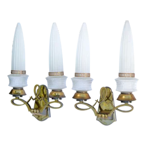Pair of Maison Baguès Style Paris Art Deco Bronze & Glass Shade Sconces, Wall Lamp 50s